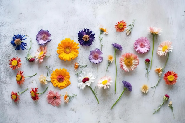 Flowers over a concrete texture lay flat