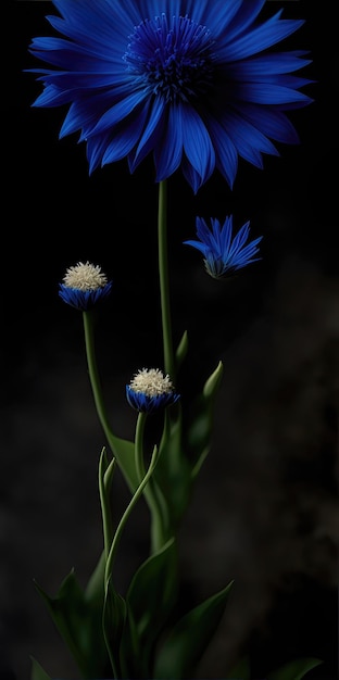 Flowers cornflowers on a black background closeup generative ai