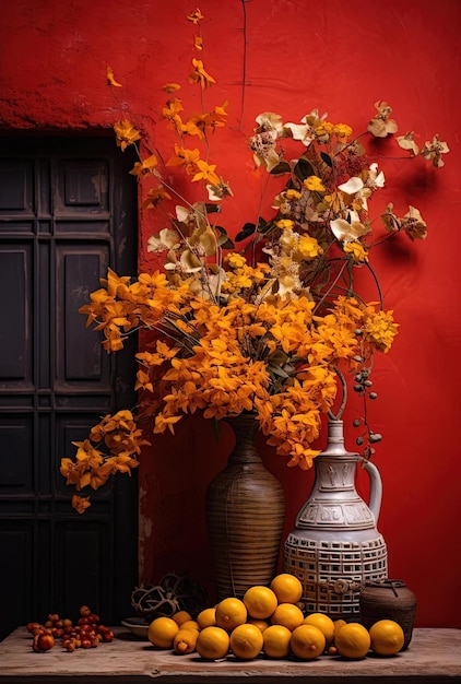 flowers and decorations celebrating mexican new year on dark background