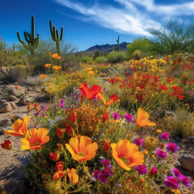 Photo flowers in a desert with a cactus and a blue sky generative ai