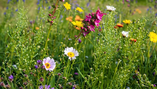 Flowers of different colors in a grass field