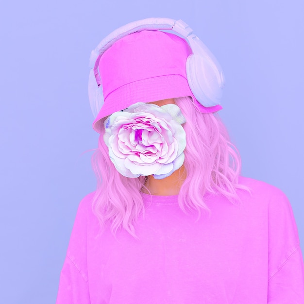 Flowers Dj Girl in stylish headphones and bucket hats. Minimal monochrome purple colours design trends