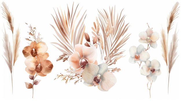 Foto fiori di lunaria secca orchidee pampe erba palma tropicale foglie collezione moderna acquerello pastello modello floreale collezione isolata per corone da matrimonio cornice di bouquet decorazione