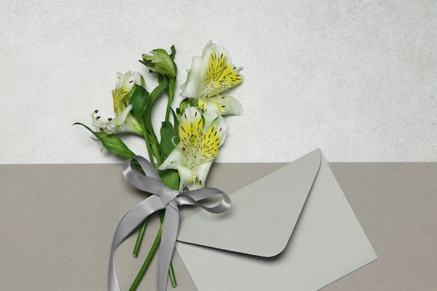 Flowers and envelope on grey beige background