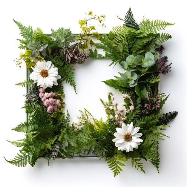 flowers and ferns in a square frame shape on