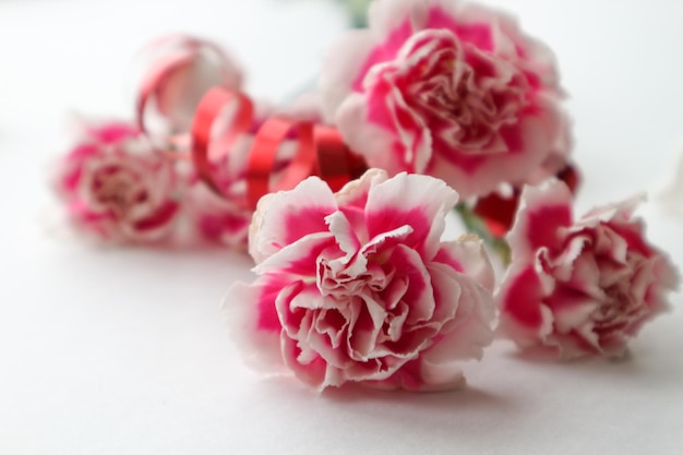 Photo flowers and festive decor on a pink background