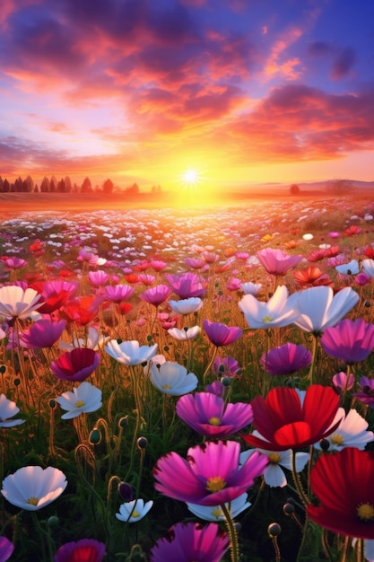 Flowers in the field on the background of the sunset