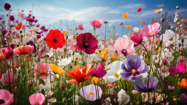 flowers in a field of flowers with a sky background