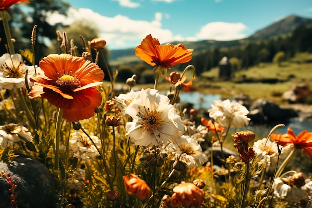 flowers in a field of green