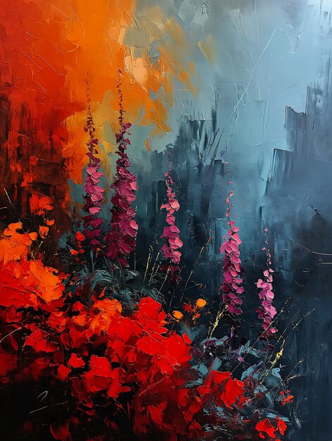 Flowers field sky background fiery palette twisted gardens oil princess contemporary gallery color