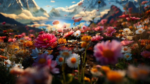 flowers in a field with mountains in the background generative ai