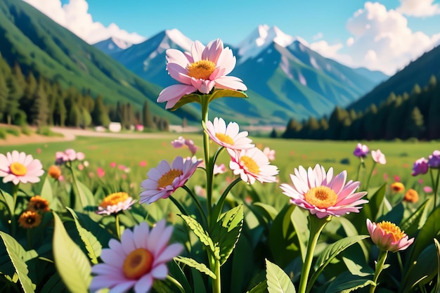 Photo flowers in a field with mountains in the background