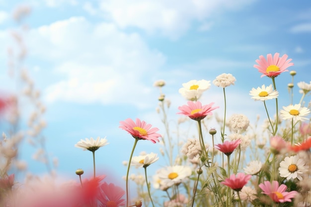 flowers in a field with a sky background