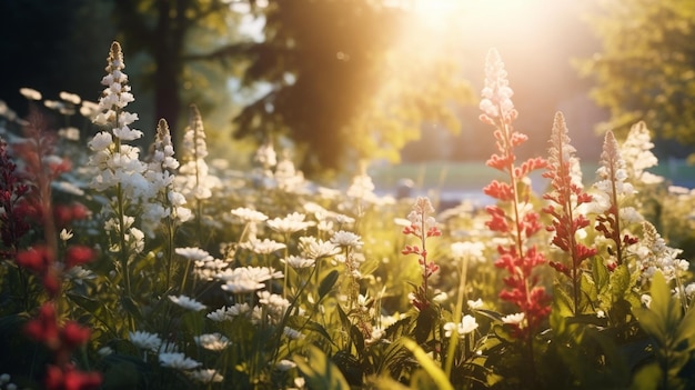 Flowers field with sun shining through the trees background AI generated art