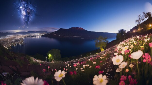 湖と山の景色のある畑で花をかせる