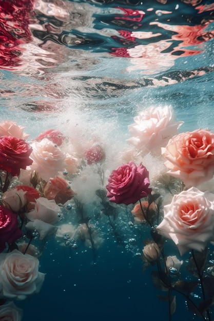 flowers floating in the water with a red background generative ai