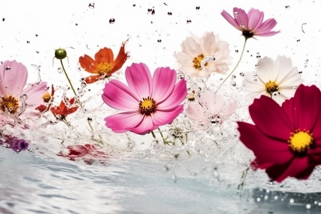 Flowers floating in the water with splashes of water