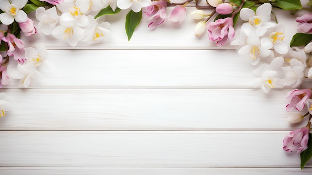 Flowers frame on white wood background Floral frame Realistic flowers on corners of wood background