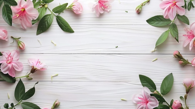 Foto cornice di fiori su sfondo bianco di legno vista superiore con spazio di copia