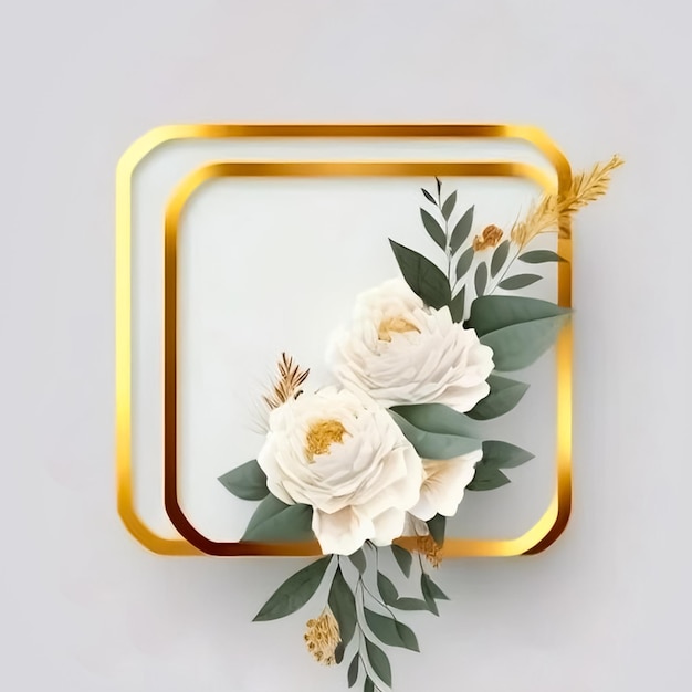 Flowers frames Floral frames Elegant golden frame with white flowers and green leaves