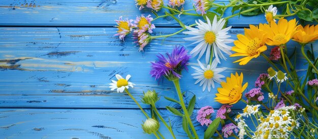 Photo flowers from the garden on a blue wooden table background providing a space for text