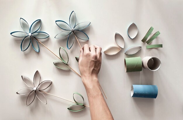 Flowers from toilet roll tube for Mother Day, zero waste craft for kids, neutral pastel surface