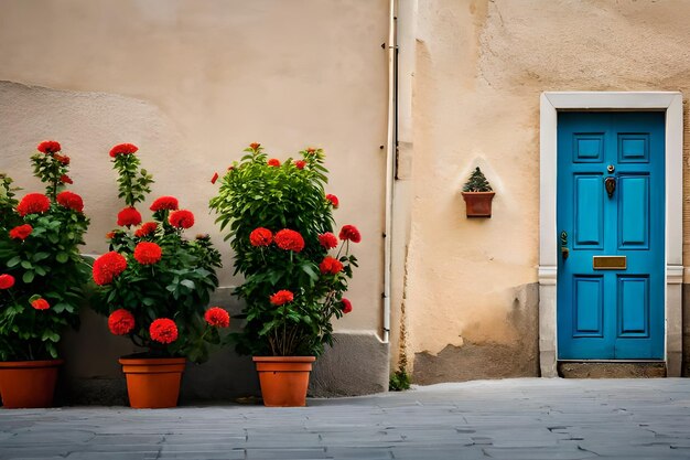 flowers in front of a blue door