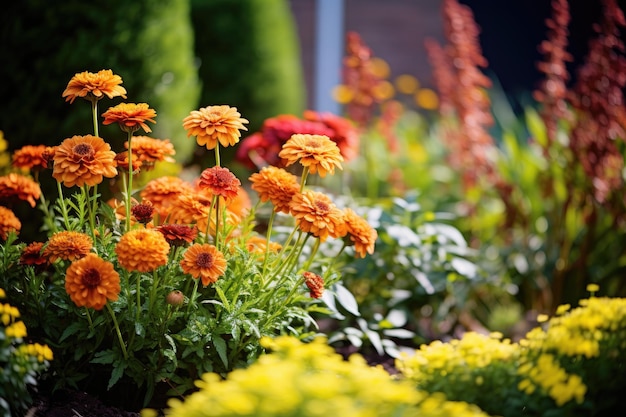 家を背景にした庭の花