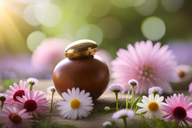 Flowers in the garden with a vase and a stone