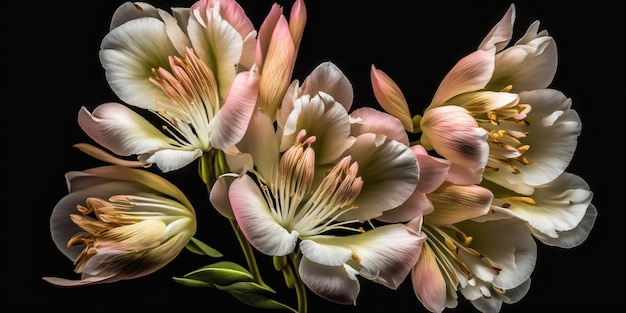 Flowers of the genus Alstroemeria in pink and white seen from the side set against a black backdrop