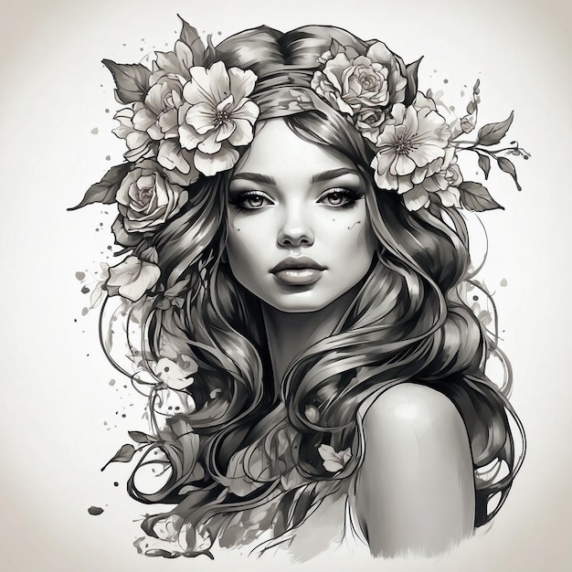 flowers girl tattoo illustration