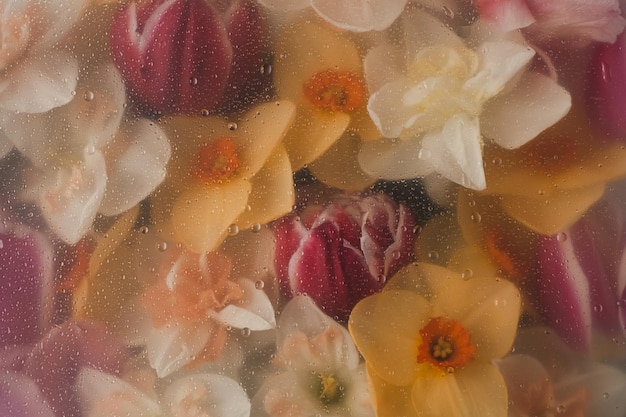 Flowers under glass water with drops and splash Red flower and yellow petals background Abstract floral aesthetic Artistic botany drops blobs pattern