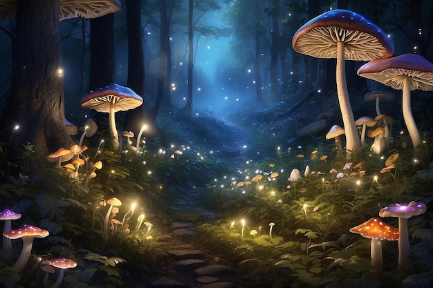 Цветы сияют светом леса, где грибы и листья создают волшебное зрелище.