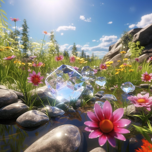 flowers grass water sunlight blue sky wallpaper generative AI