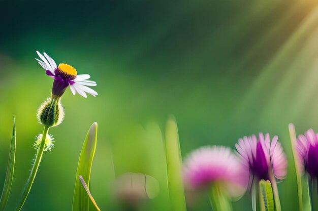 Flowers in the grass with the sun behind them