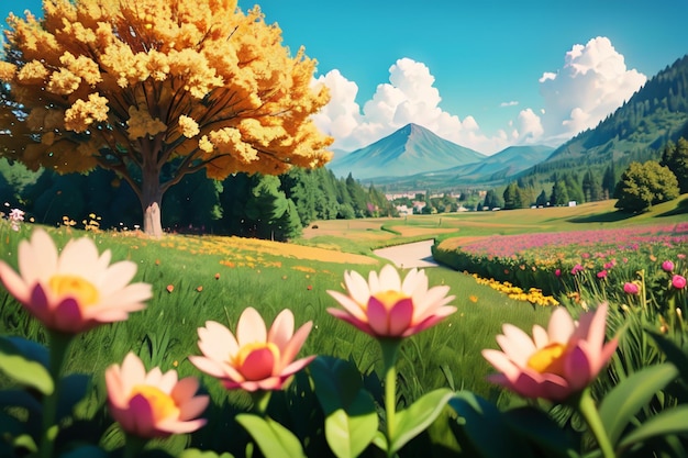 Flowers grasslands hillsides forests wallpaper illustrations beautiful scenery in background