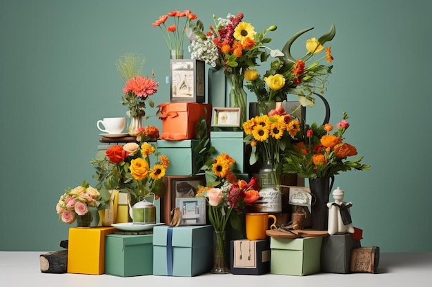 Flowers on a green box with a clock on the top.