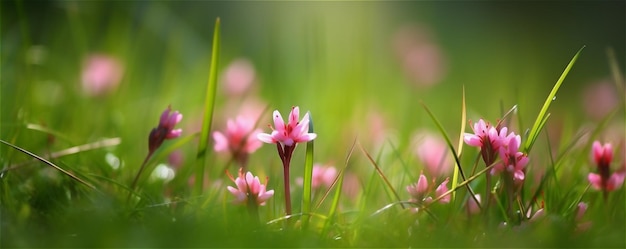 Flowers in a green grass on a sunny meadow banner AI generated content