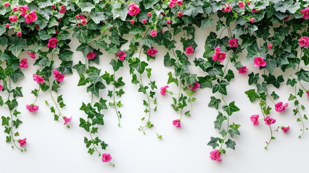 flowers and green leaves on white background