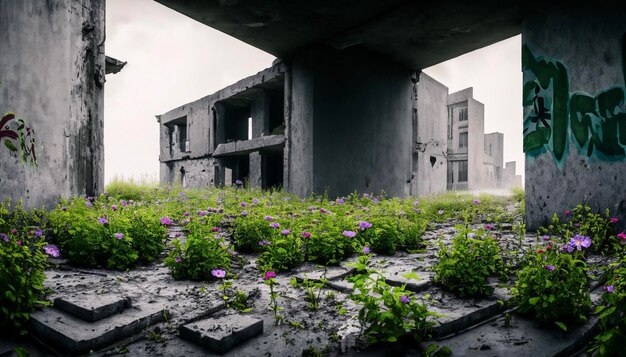 Photo flowers grow out of concrete in a lost city