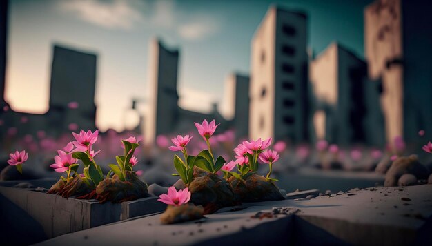 Photo flowers grow out of concrete in a lost city