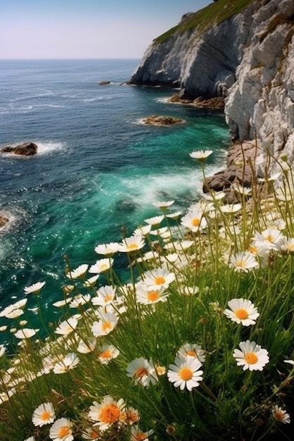 Flowers growing on the edge of a cliff overlooking the ocean generative ai