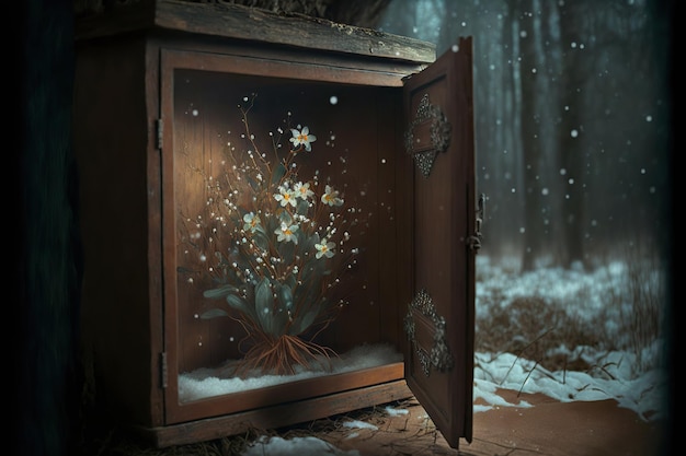 Flowers growing inside old wooden cupboard in winter forest created with generative ai