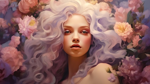 Flowers on hair anime girl enchanting Anime woman with flower hair pastel colors Flower woman