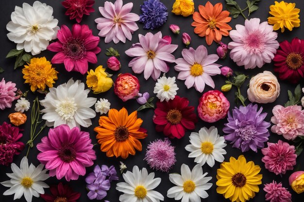 Flowers head collection isolated on black background Card Spring time set Flat lay Top view