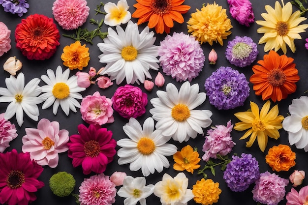 黒い背景に隔離された花の頭のコレクション カード 春の時間セット フラットレイ トップビュー