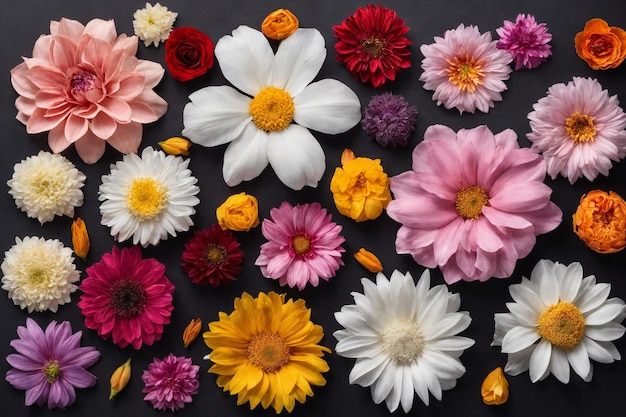 Flowers head collection isolated on black background Card Spring time set Flat lay Top view