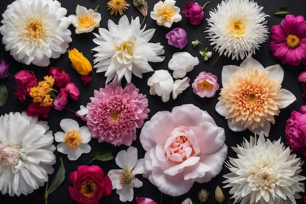 Flowers head collection isolated on black background Card Spring time set Flat lay Top view