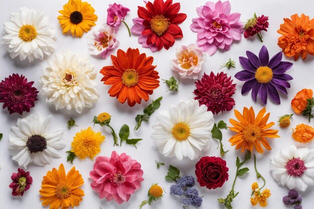 Flowers head collection isolated on white background Card Spring time set Flat lay Top view