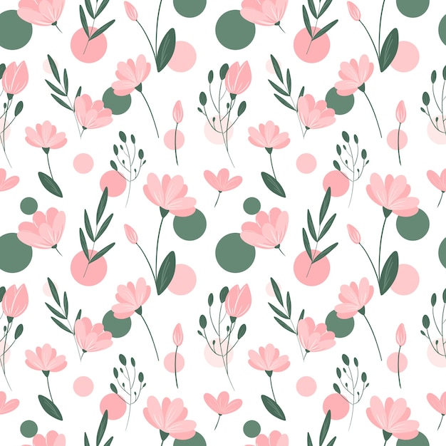 flowers and herbs seamless pattern on white pink flower green leaf and circle repeat print